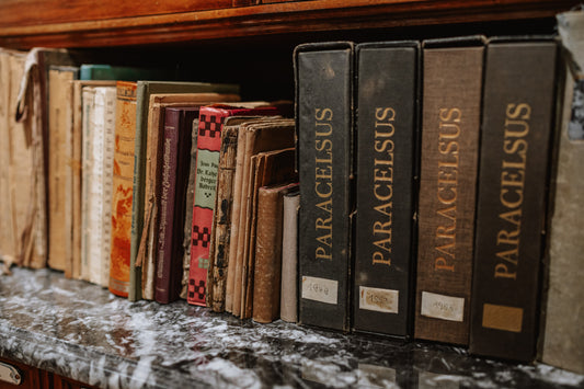 Alte Apothekenbücher stehen in einem Regal.
