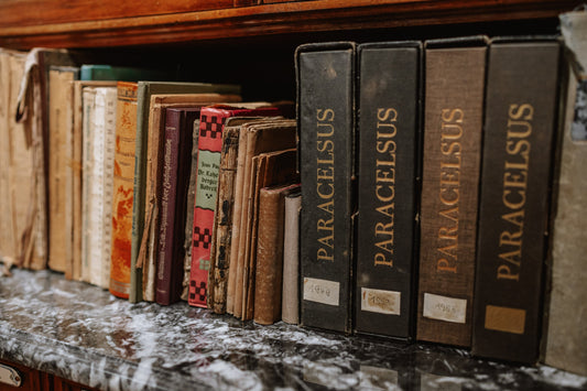 Alte Apothekenbücher stehen mit dem Buchrücken in einem Regal.