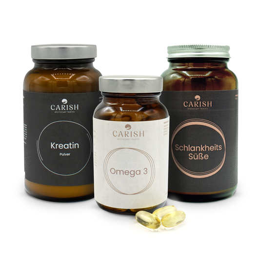 Am Bild die 3 Produkte des Anti Aging Pakets. Kreatin Pulver, Omega 3 Kapseln und die Schlankheitssüße. Alle drei Produkte sind in einer dunkelbraunen Glasverpackung mit silbernem Deckel. Vor den Omega 3 Kapseln liegen 4 gelbe Stück zur Ansicht.