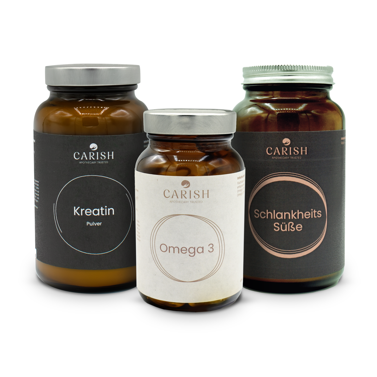 Am Bild die 3 Produkte des Anti Aging Pakets. Ganz links das Kreatin Pulver, in der Mitte die Omega 3 Kapseln und rechts sieht man die Schlankheitssüße. Alle drei Produkte sind in einer dunkelbraunen Glasverpackung mit silbernem Deckel.