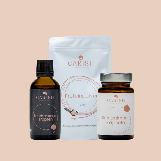 Im Bild die drei Produkte des Badehosenpakets für Männer zum Abnehmen. Ganz links die Entschlackungstropfen, in der Mitte das Kreatin Pulver und rechts die Schlankheitskapseln.