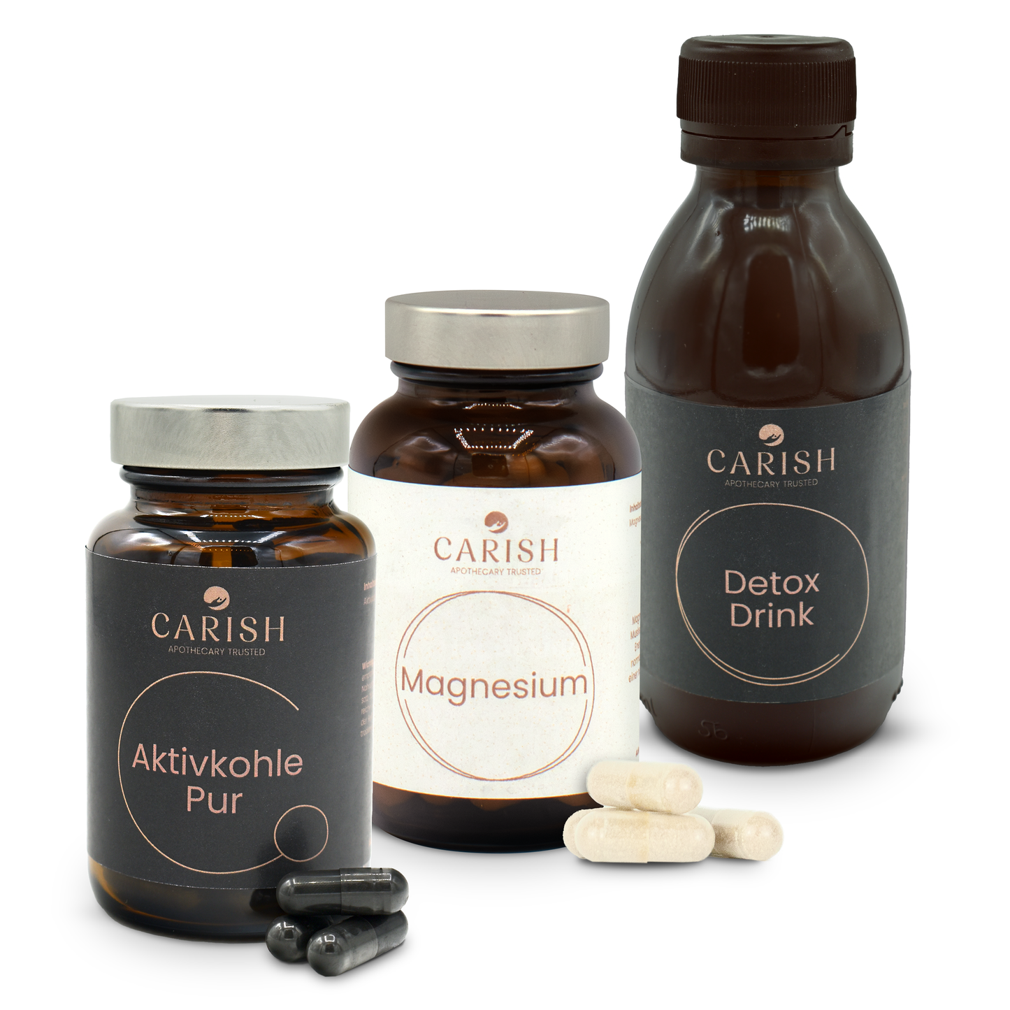 Das Paket Bauchwohl von Carish gegen Blähungen mit Aktivkohle und Magnesium Kapseln und dem Detox Drink.