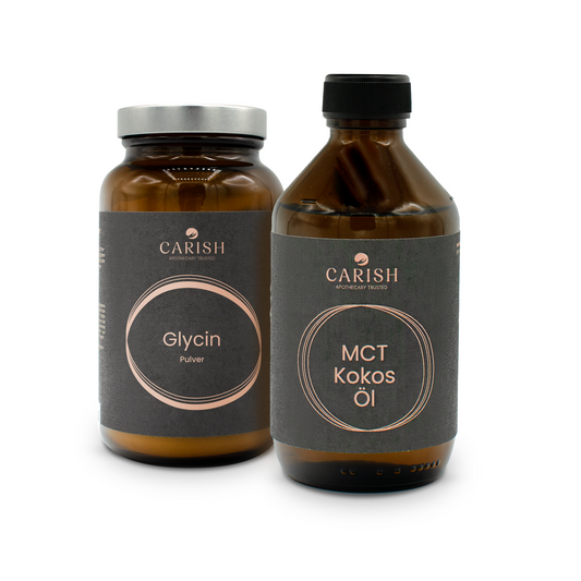 Im Bild die 2 Produkte des Bulletproof Paketes. Links das MCT Kokosöl und rechts das Glycin Pulver. Beides in einer dunkelbraunen Glasverpackung.