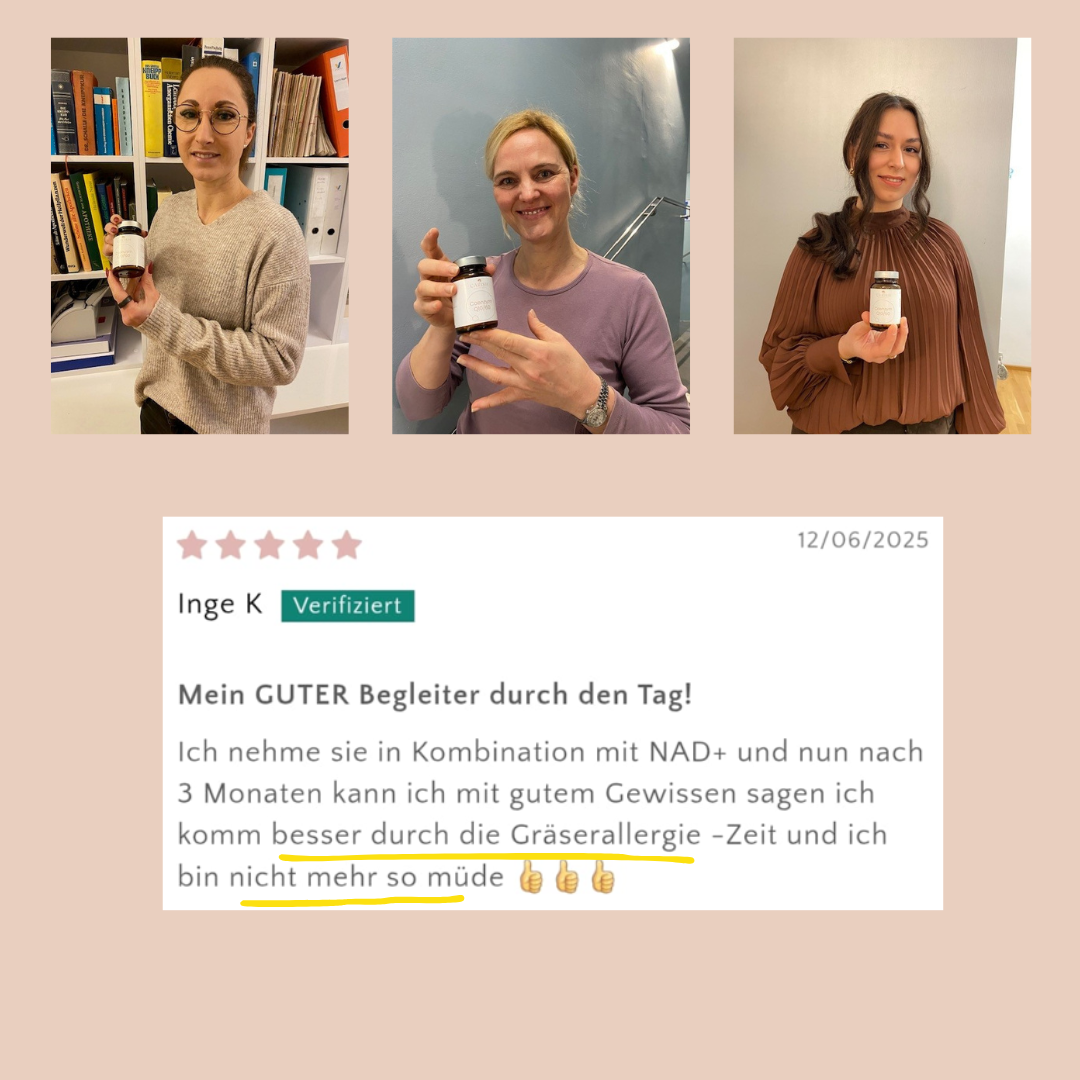 3 zufriedene Kundinnen der Coenzym Q10 Kapseln von Carish halten die Kapseln in die Kamera.