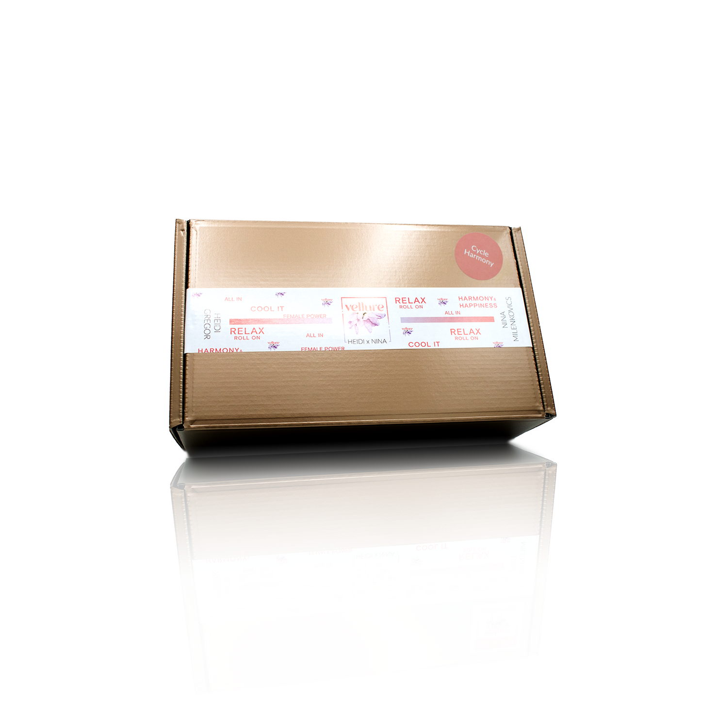 Ansicht der geschlossenen, bronzefärbigen Box mit den Produkten zur Unterstützung bei Regelbeschwerden.
