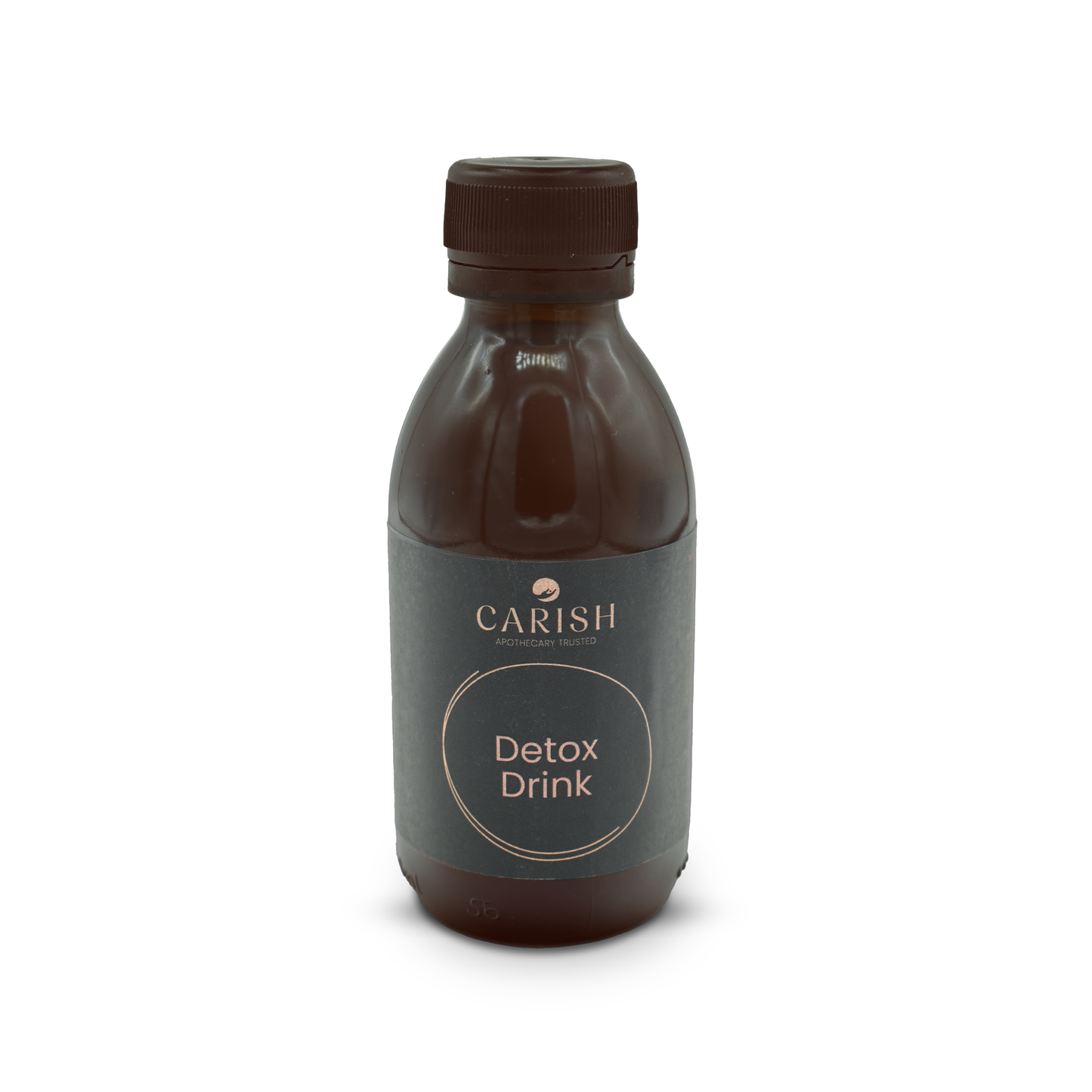 Durchsichtige braune Glasflasche mit schwarzem Kunststoffdeckel und Etikett mit der Beschreibung des Detox Drinks zum Abnehmen.