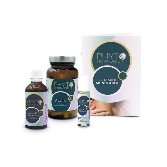 Im Bild das Early Menopower Paket zur Unterstützung während der frühen Wechseljahre. Ganz links die Harmony & Happiness Tropfen, in der Mitte die All In Kapseln und der Mini Menoguide und vorne der Roll on Relax.