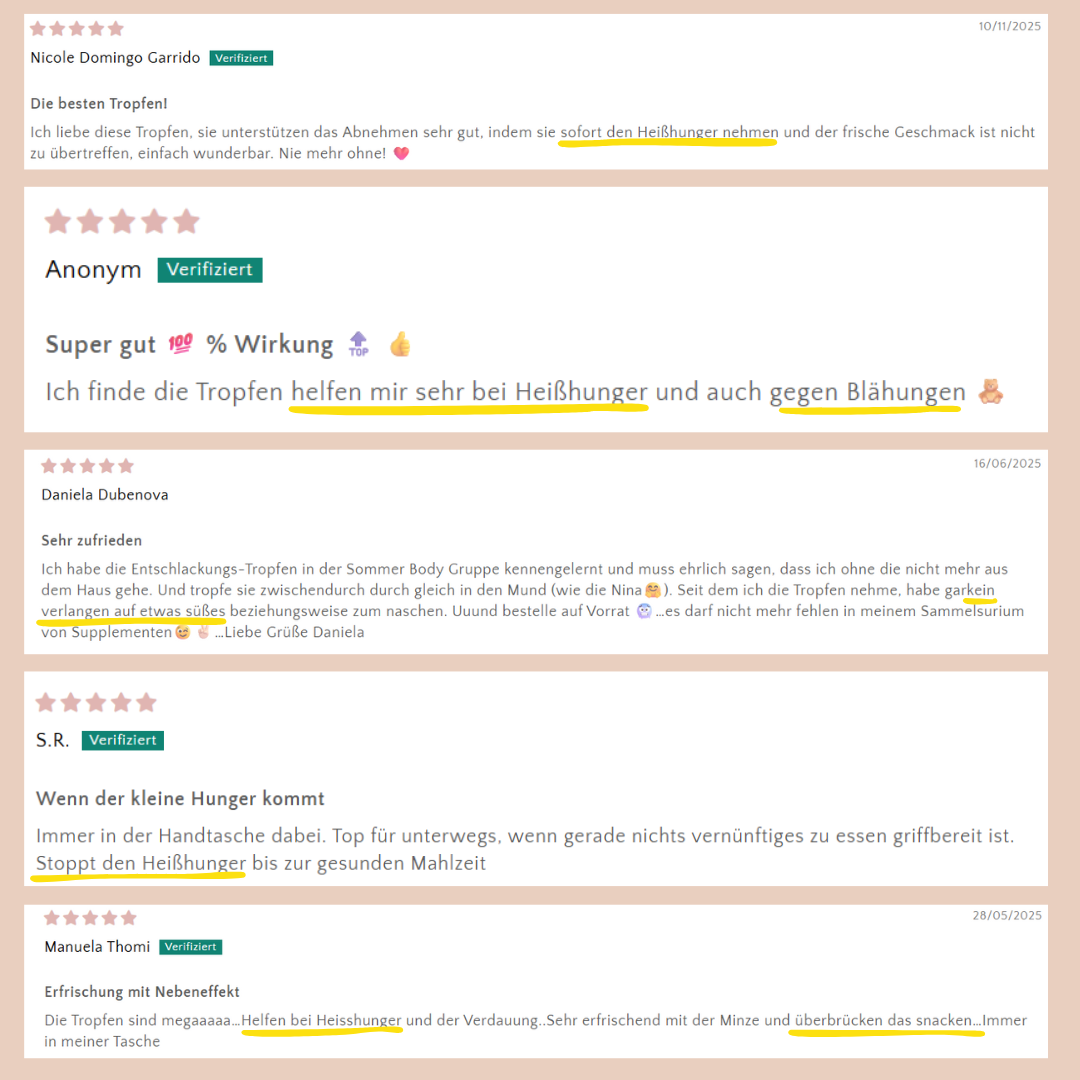 Schriftliches Feedback zu den Entschlackungstropfen von zufriedenen Kundinnen.