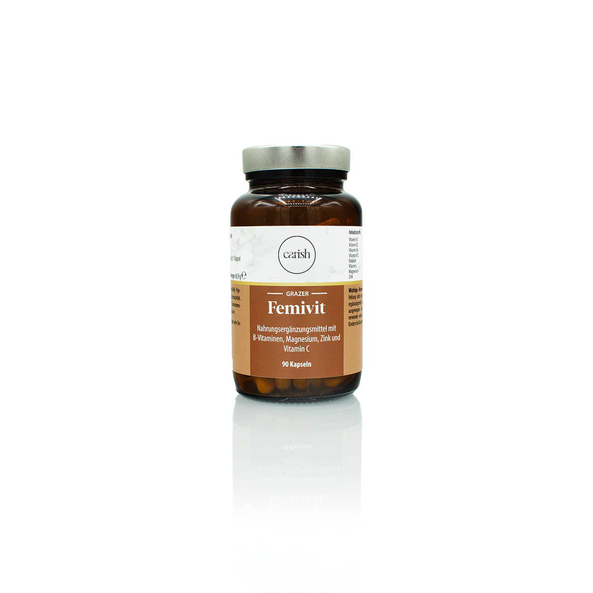 Brauner Glasbehälter mit verschraubbarem Deckel der Femivit Kapseln zur Unterstützung bei hormoneller Verhütung.