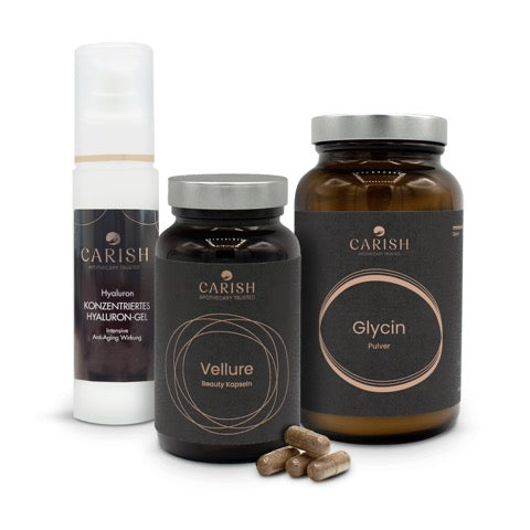 Auf dem Foto sieht man die 3 Produkte des Glow Inside & Out Paketes. Ganz links das Hyaluron Gel für eine glatte Haut, in der Mitte die Vellure Beauty Kapseln und rechts das Glycin Pulver.