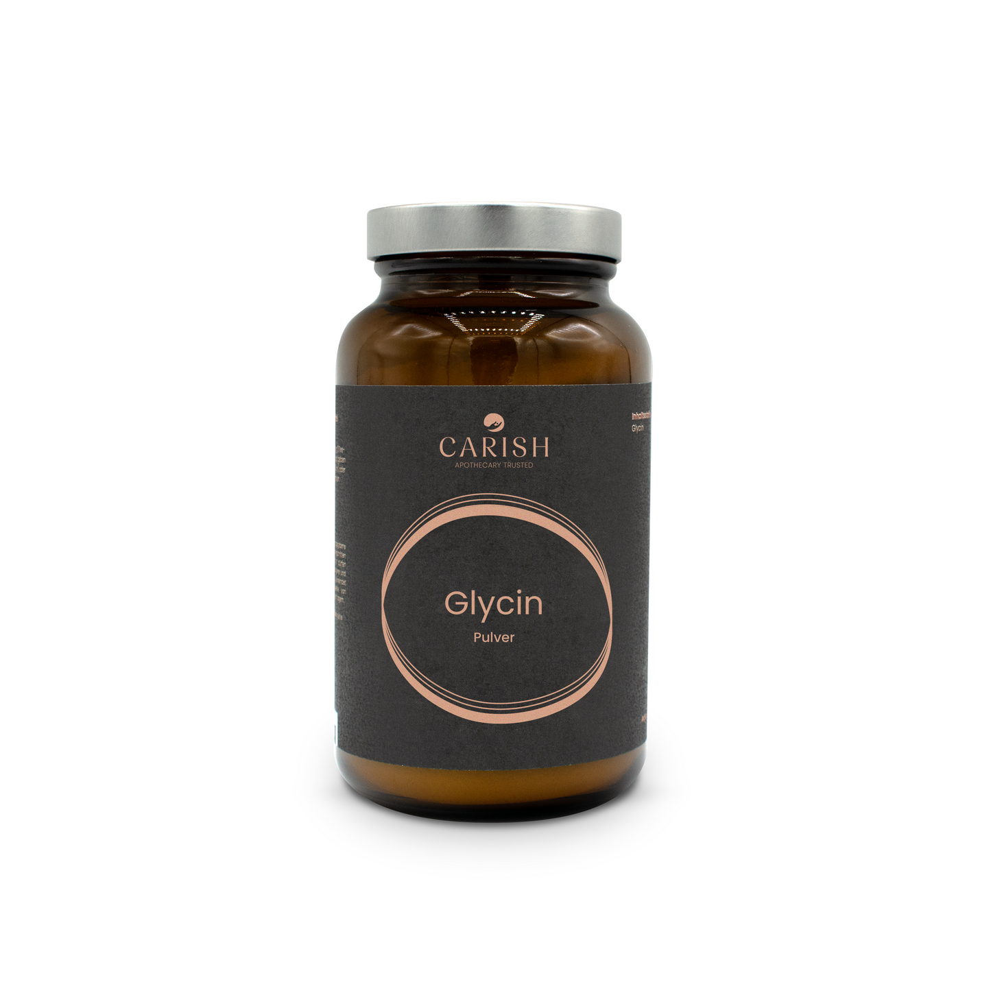 Braune Glasverpackung mit silbernem Deckel und schwarzer Banderole des Glycin Pulvers mit Kollagen.