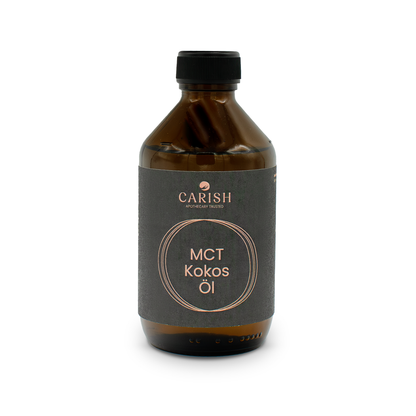 Braune Glasverpackung mit schwarzem Deckel und schwarzem Etikett des MCT Kokosöl für die schnelle Verdauung.
