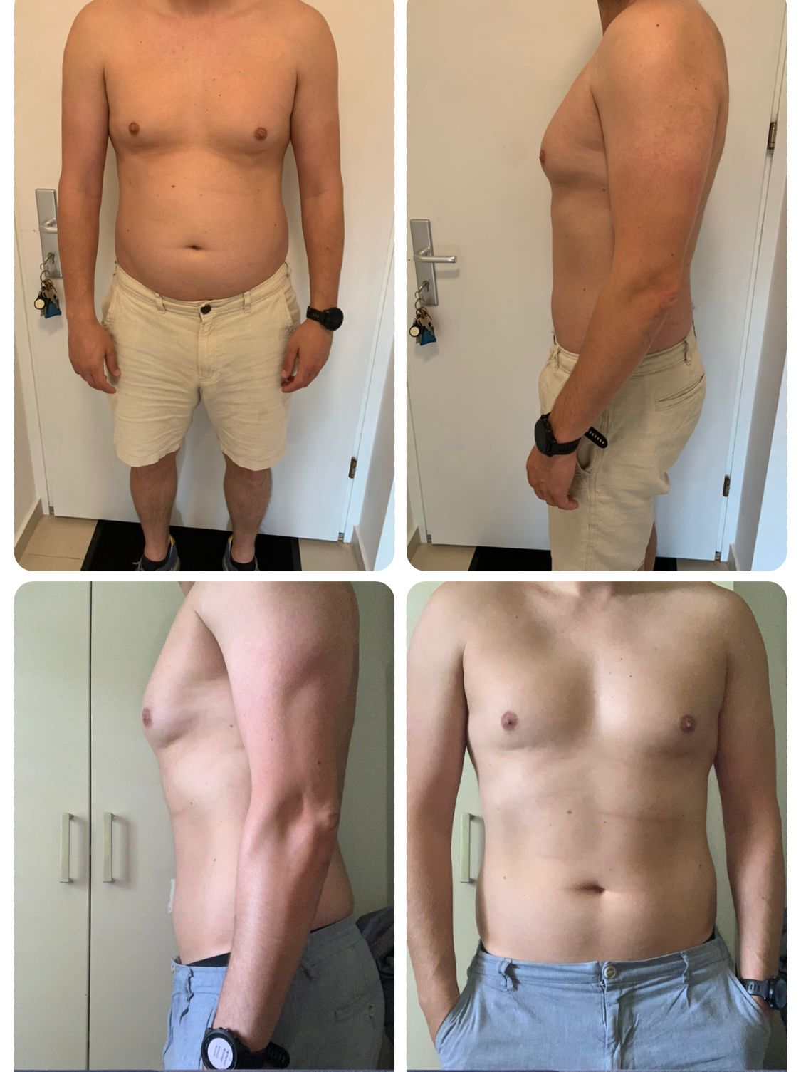 4 Fotos von einem männlichen Oberkörper wo man Ergebnisse einer Abnehmkur sieht.