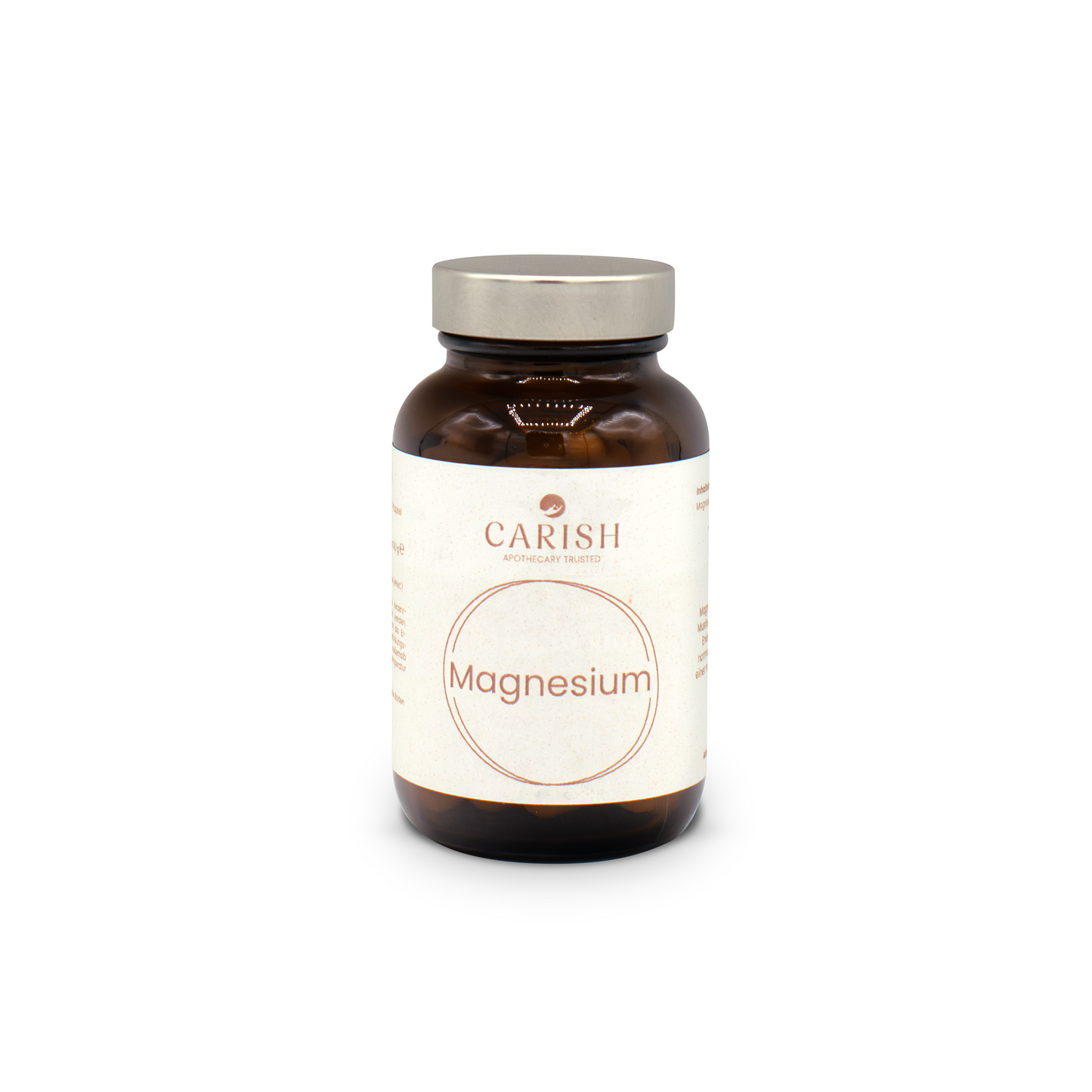 Brauner Glasbehälter mit weißem Etikett und verschraubbarem silbernen Deckel der Magnesium Kapseln.