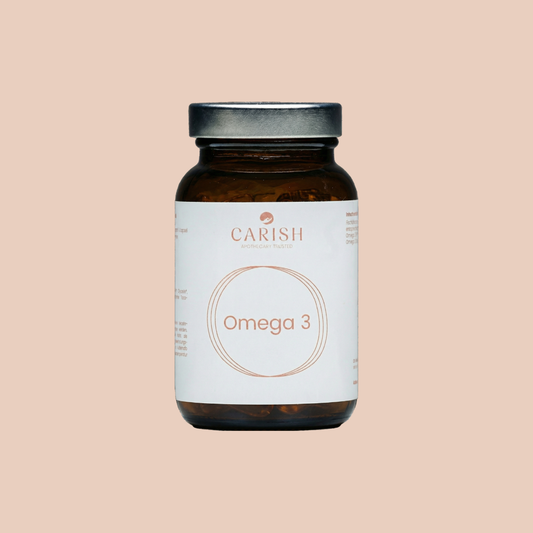 Braune Glasverpackung mit silbernem Deckel und weißem Etikett der Omega 3 Kapseln für Herz und Hirn.