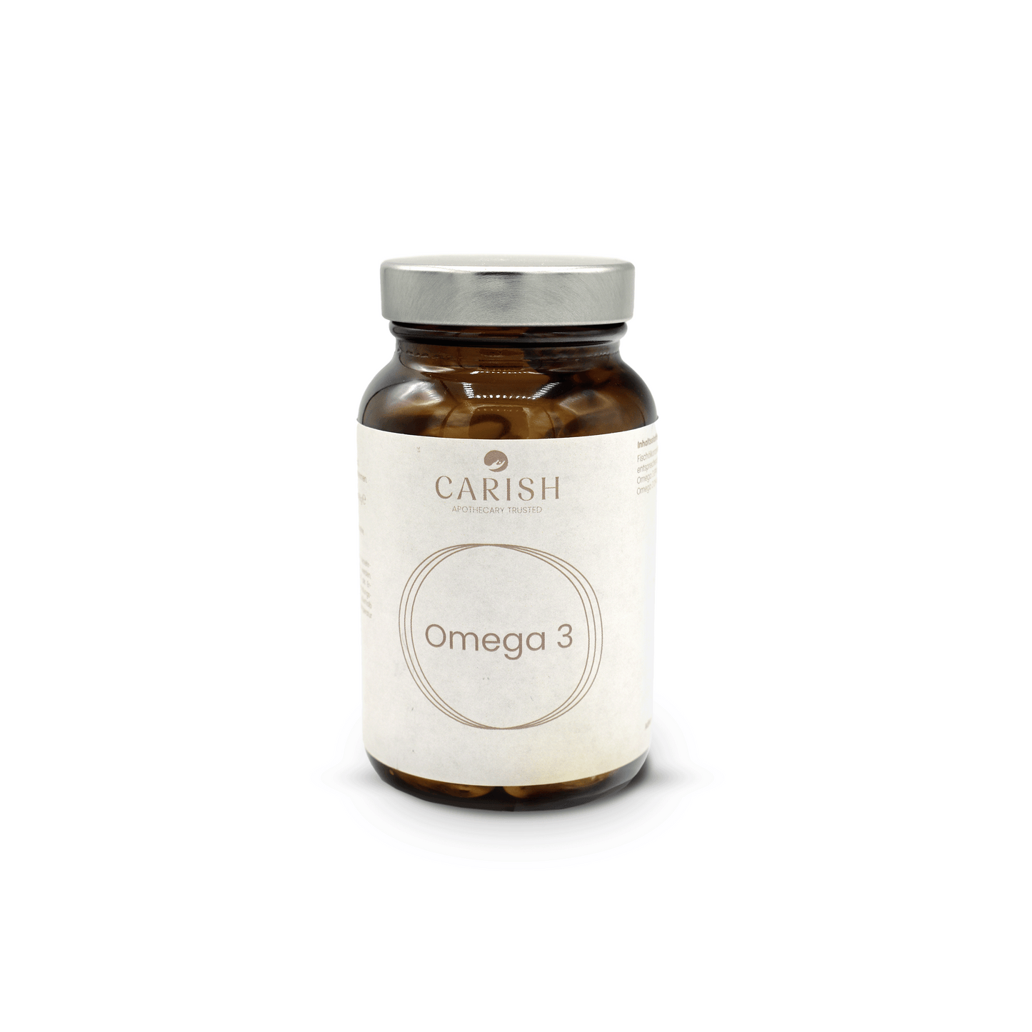 Braune Glasverpackung mit silbernem Deckel und weißem Etikett der Omega 3 Kapseln für Herz und Hirn.