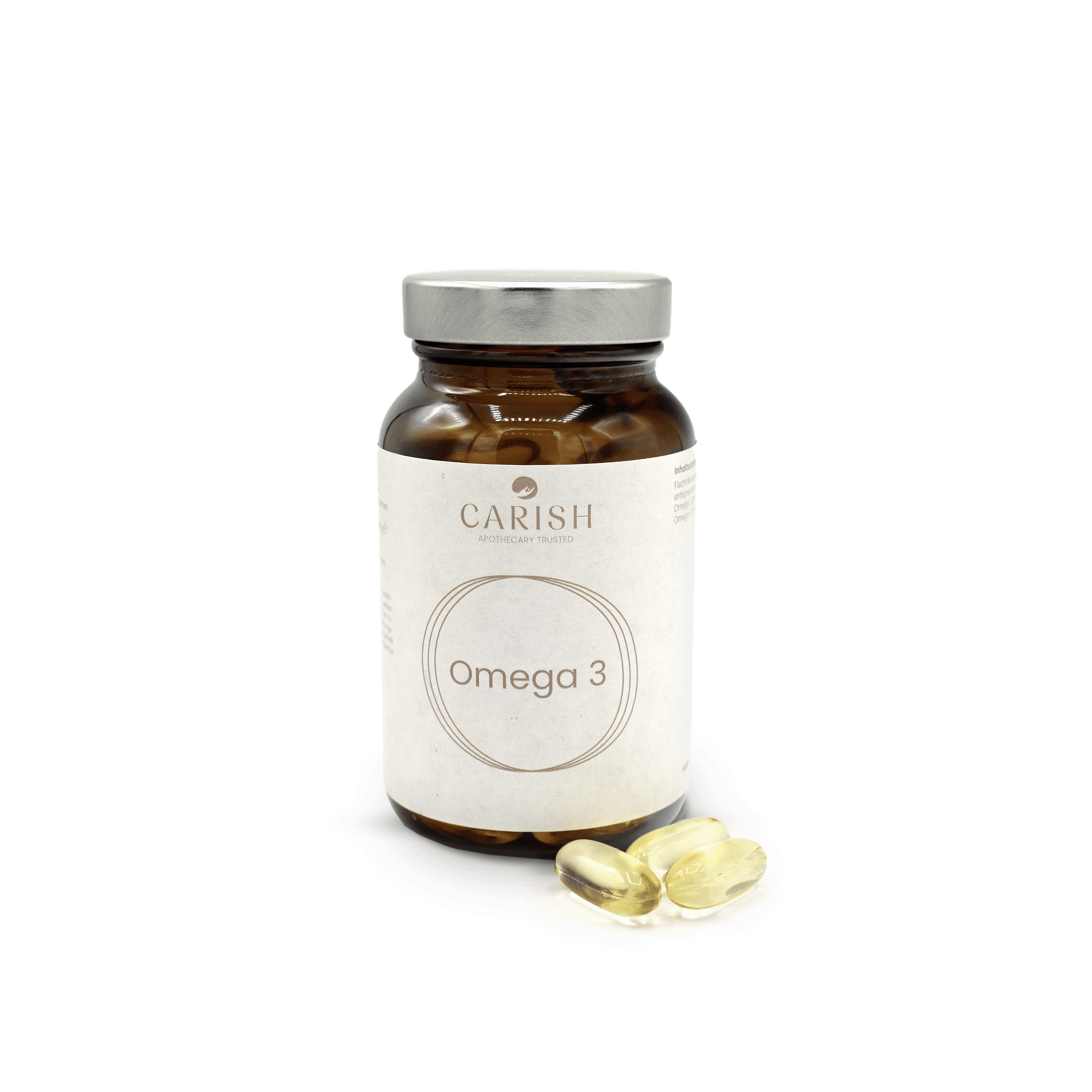 Eine braune Glasverpackung mit silbernem Deckel der Omega 3 Kapseln. Im Vordergrund liegen drei Kapseln zur Ansicht.