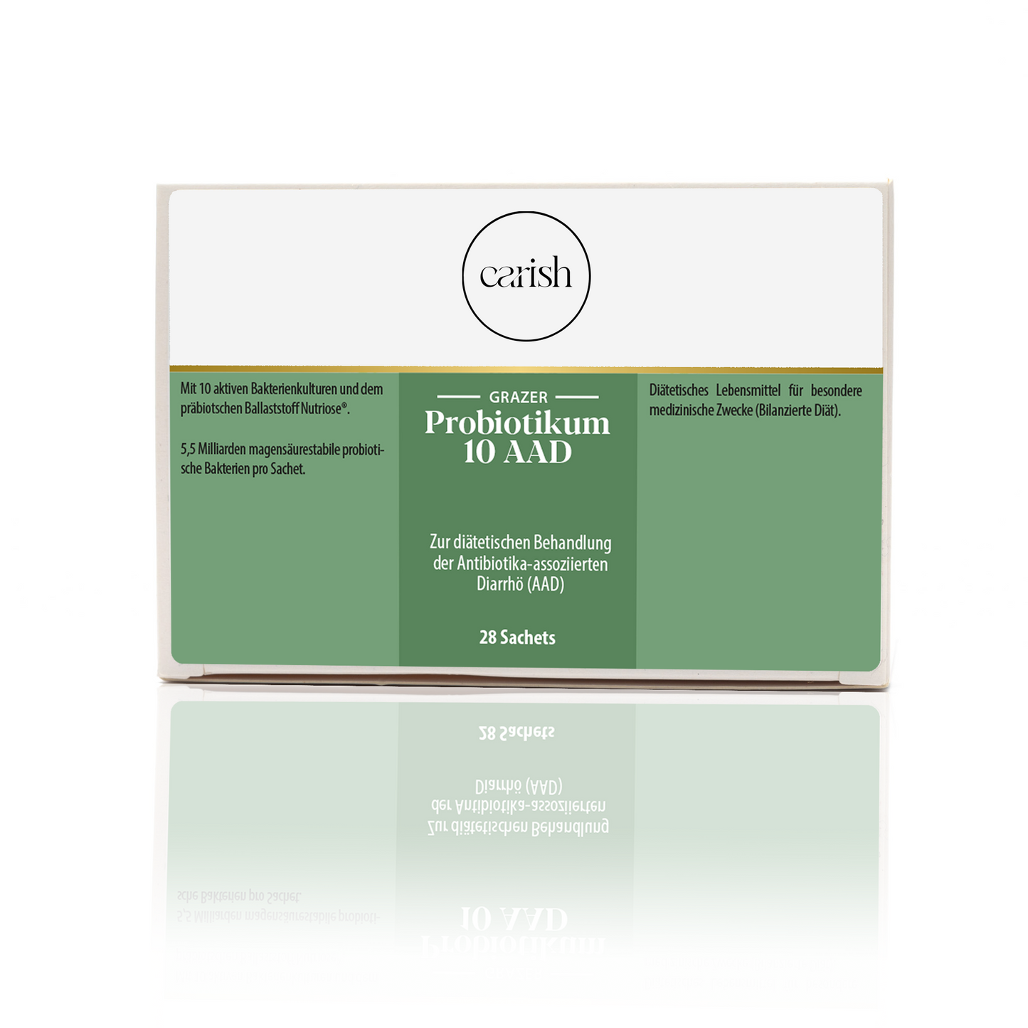 Weiß, grüne Papierverpackung der Probiotikum 10 für Magenbeschwerden und als Unterstützung beim Abnehmen.