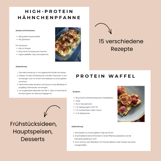 2 Rezepte aus dem Proteinheft zur Ansicht. Die High-Protein Hähnchenpfanne und die Proteinwaffeln.