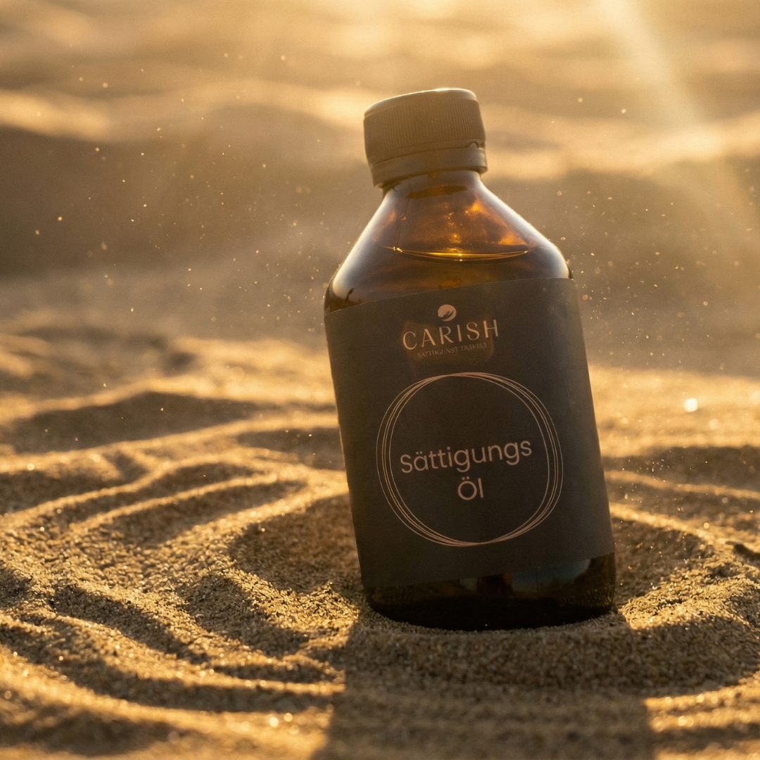 Eine schöne Abbilung des Sättigungs Öls, das am Meer im Sand steckt und von hinten von der Sonne beleuchtet wird.