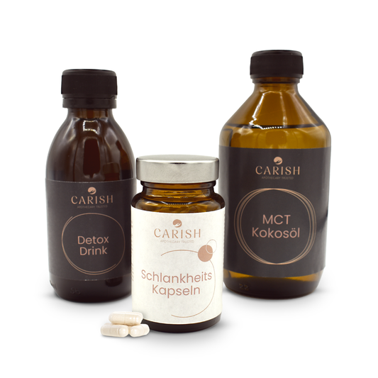 Bikinifigur. Alle Produkte in einer dunkelbraunen Glasverpackung mit weißem oder schwarzem Etikett. Vor den Schlankheitskapseln liegen 4 weiße Kapseln zur Ansicht.