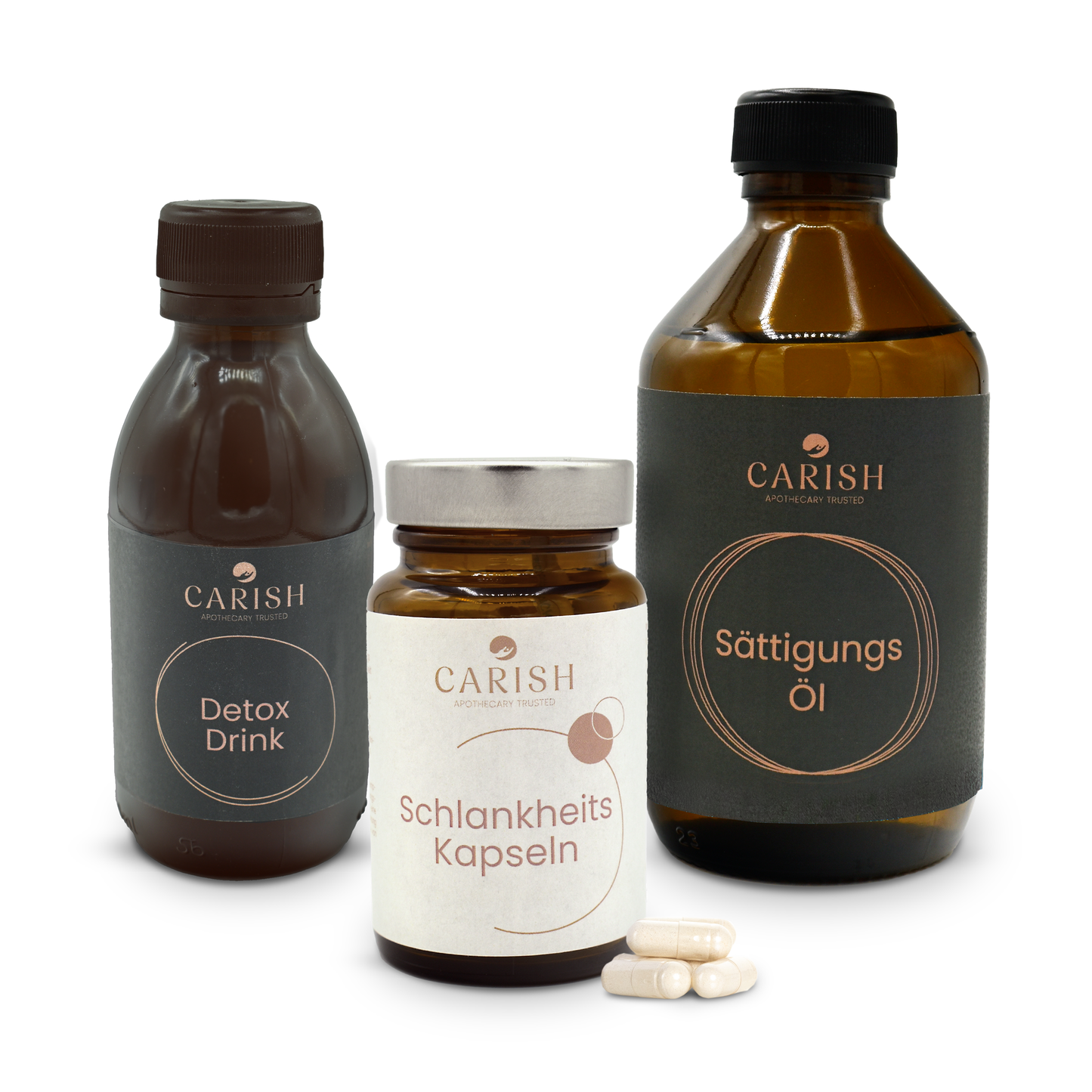 Alle Produkte in einer dunkelbraunen Glasverpackung mit weißem oder schwarzem Etikett. Vor den Schlankheitskapseln liegen 4 weiße Kapseln zur Ansicht.