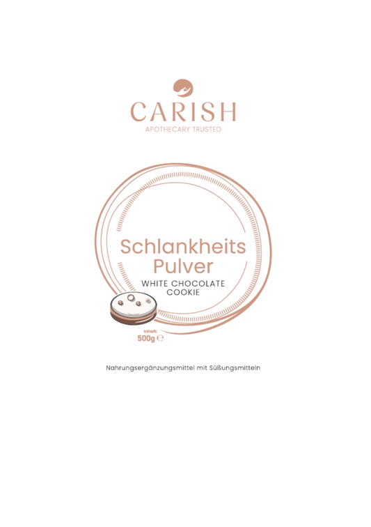 Das Etikett vom Schlankheitspulver zum Abnehmen mit dem Geschmack White Chocolate Cookie.