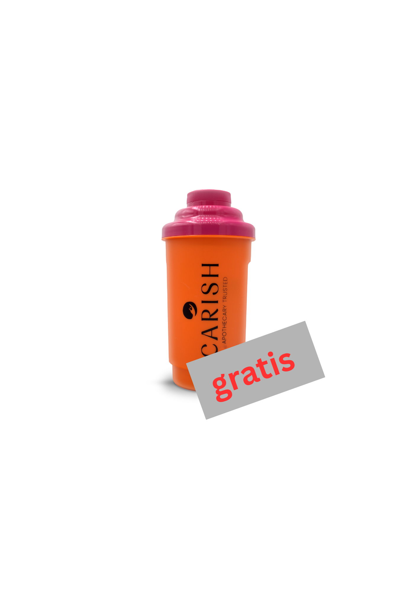 Der orange/pinke Shaker von Carish mit einem Schriftzug "gratis" im Vordergrund.