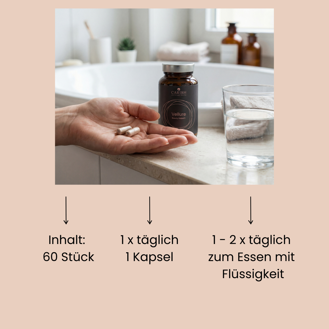 Die Vellure Kapseln von Carish stehen neben einem Glas Wasser bei einer Badewanne. Im Vordergrund sieht man eine Frauenhand mit den Vellure Beauty Kaspeln in ihrer Handfläche.