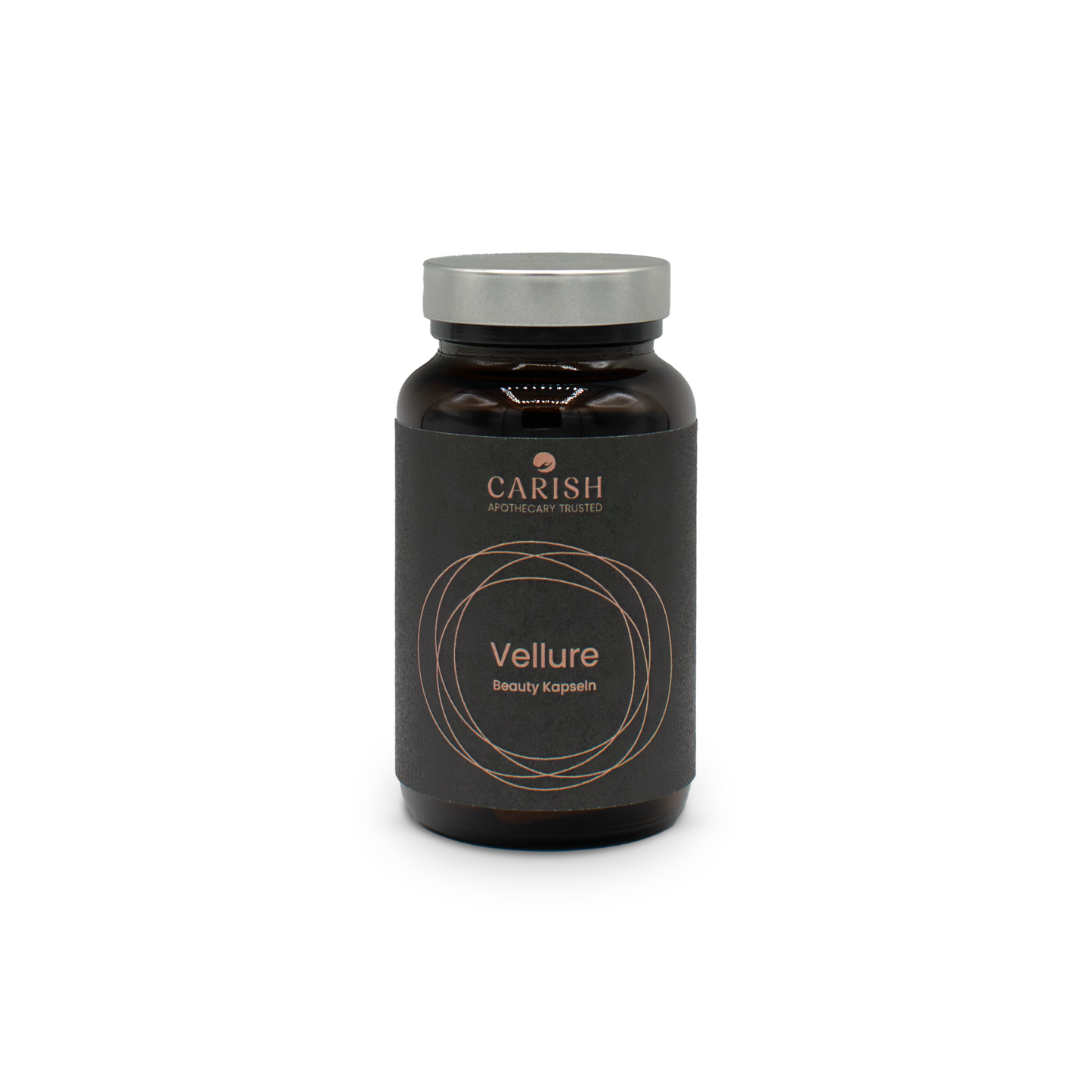 Abbildung der Vellure Schönheitskapseln für Feuchtigkeit und Glow der Haut im braunen Glasbehälter mit verschraubbarem silbernen Deckel und Beschreibung auf einem schwarzen Etikett.