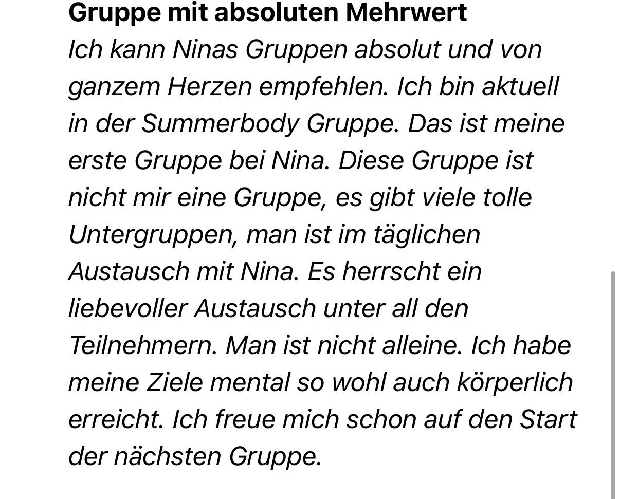 Rückmeldung einer zufriedenen Kundin zur Detox Gruppe von Carish.