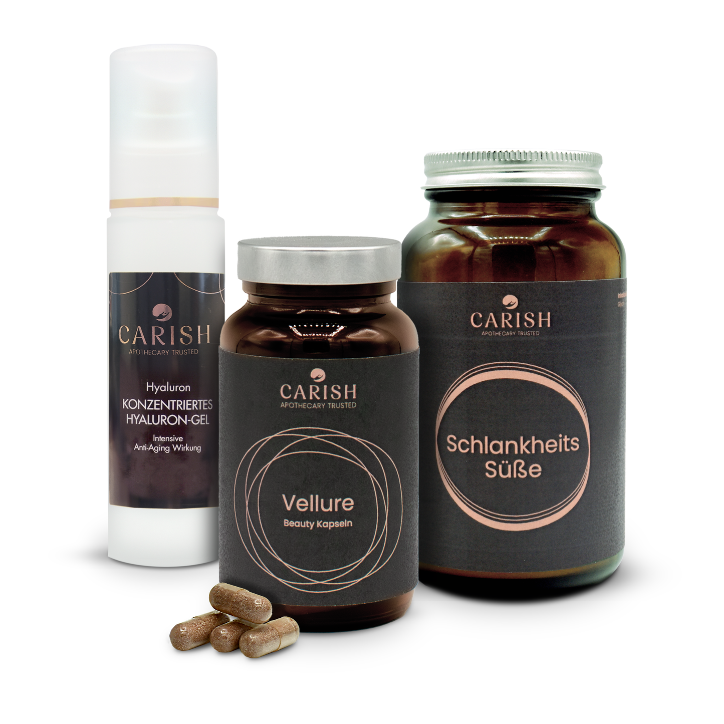 Auf dem Foto sieht man die 3 Produkte des Glow Inside & Out Paketes. Ganz links das Hyaluron Gel für eine glatte Haut, in der Mitte die Vellure Beauty Kapseln und rechts die Schlankheitssüße, das Glycin.