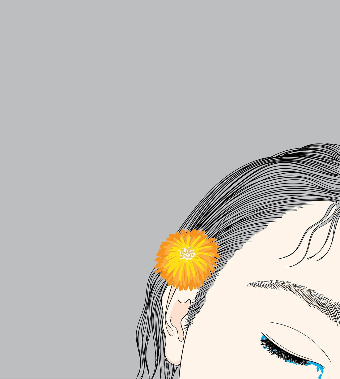 Ein gezeichneter Frauenkopf mit einer gelben Blume im Haar.
