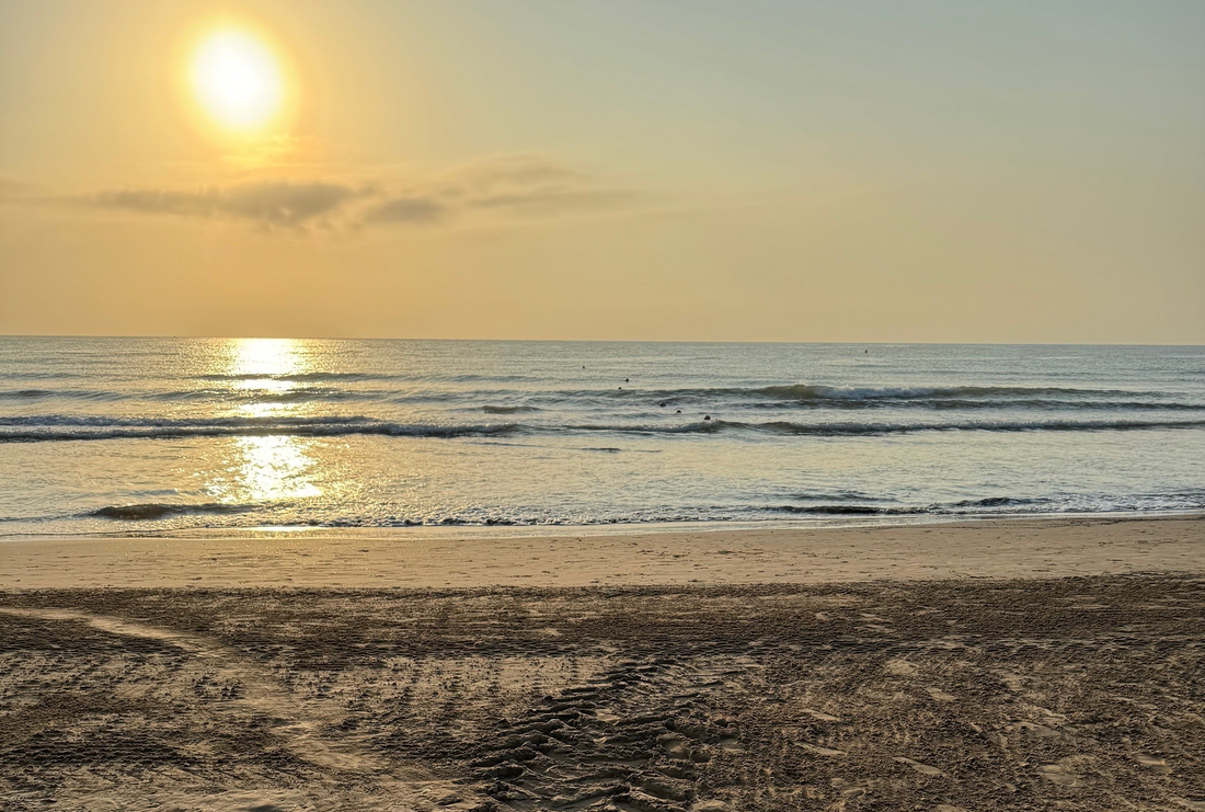 Ein Strand und Meer mit der aufgehenden Sonne.