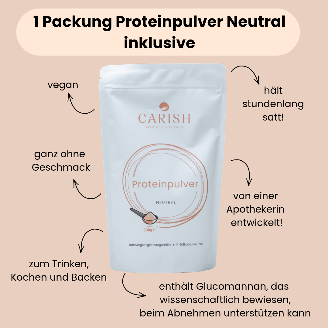 Das Proteinpulver neutral von Carish mit all seinen Vorteilen. Hält stundenlang satt, vegan, ganz ohne Geschmack, zum Trinken, Backen und Kochen geeignet, unterstützt die Abnahme und Gewichtsverlust. 