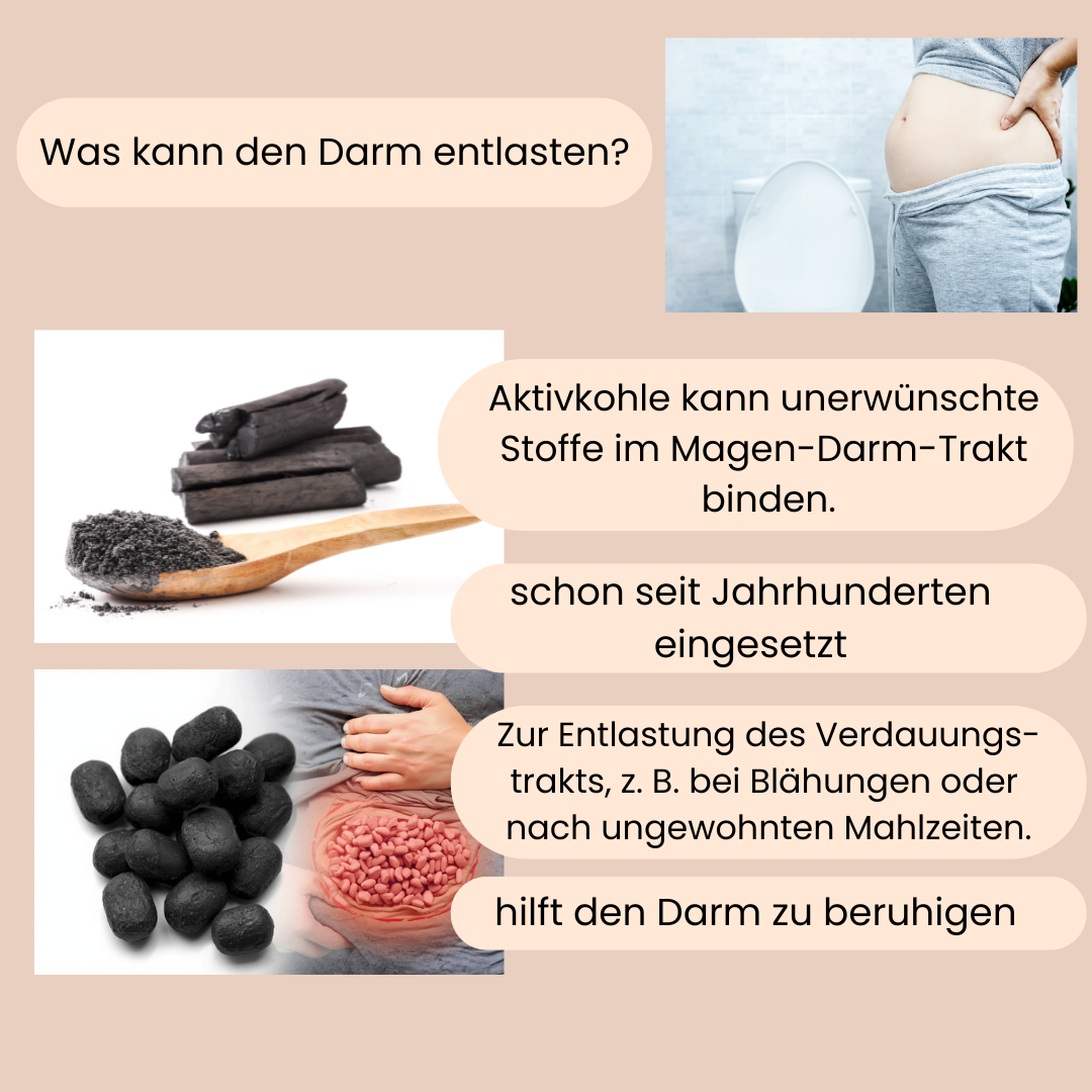 Bilder und Text was den Darm entlasten kann. Aktivkohle wird hierzu schon seit Jahrhunderten eingesetzt. 