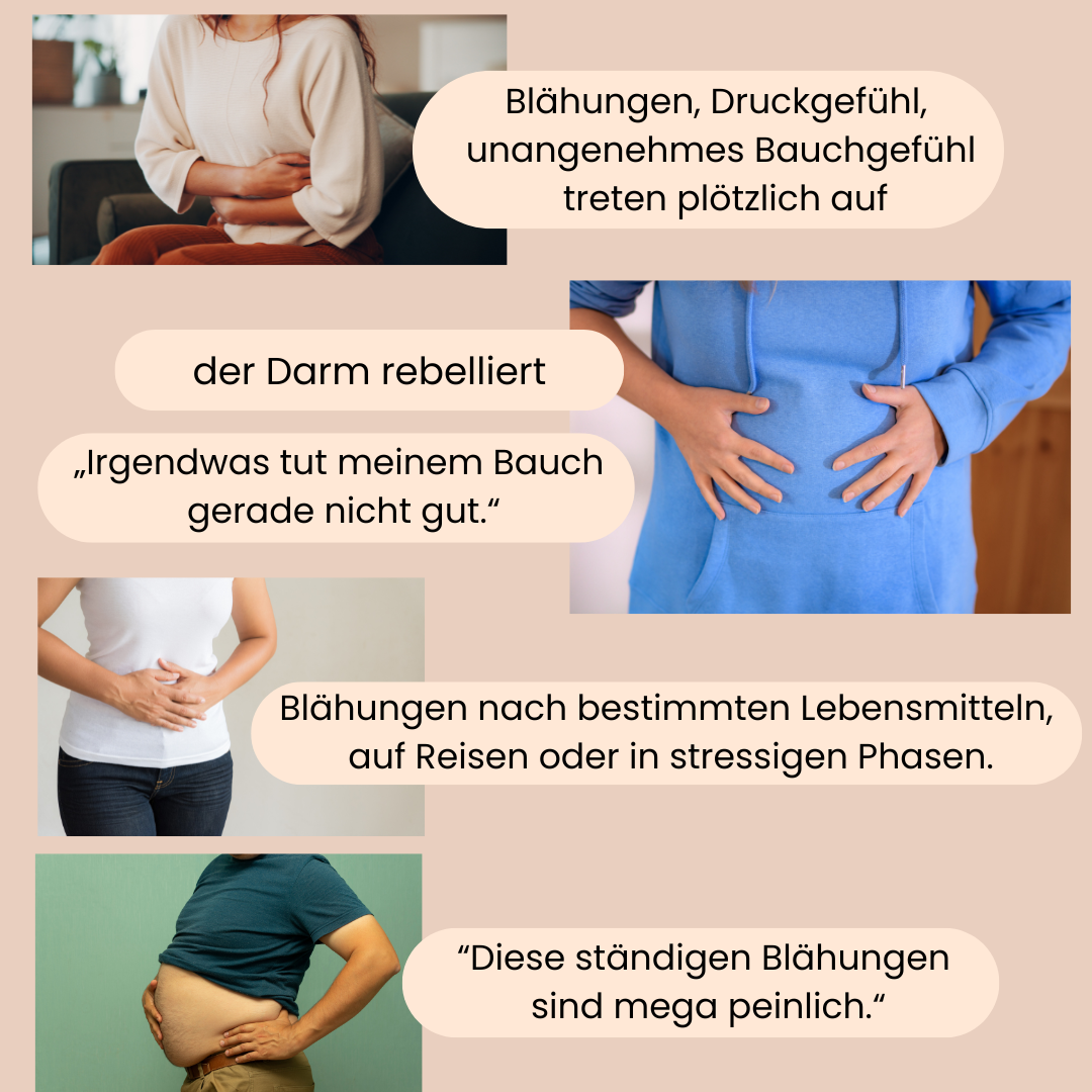 Fotos von Leuten, die sich die Hände auf den Bauch halten weil sie Blähungen, Druckgefühl im Bauch haben. 