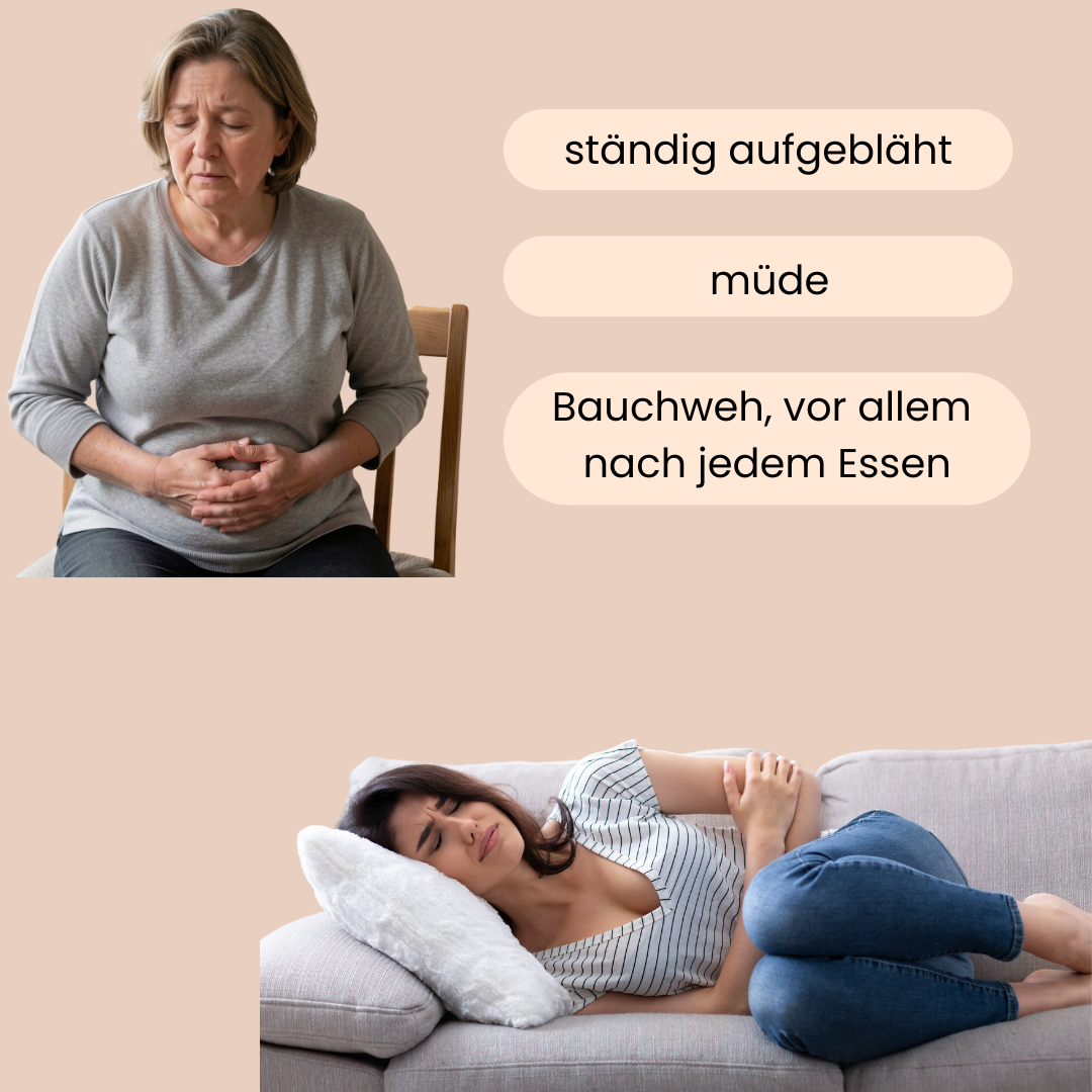 2 Frauen, die sich müde, aufgebläht fühlen und es wirkt als ob sie Bauchweh hätten. 