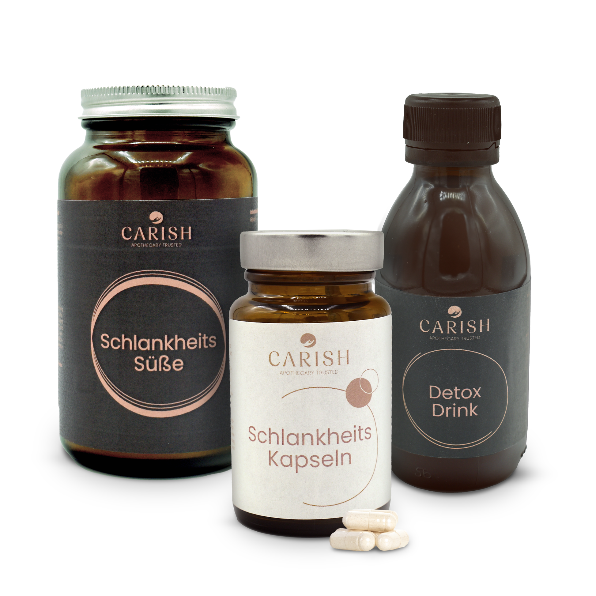 Das Antiheißhunger Paket mit Schlankheitssüße, Schlankheitskapseln und dem Detox Drink. Vor den Schlankheitskapseln liegen 4 Kapseln zur Ansicht. 