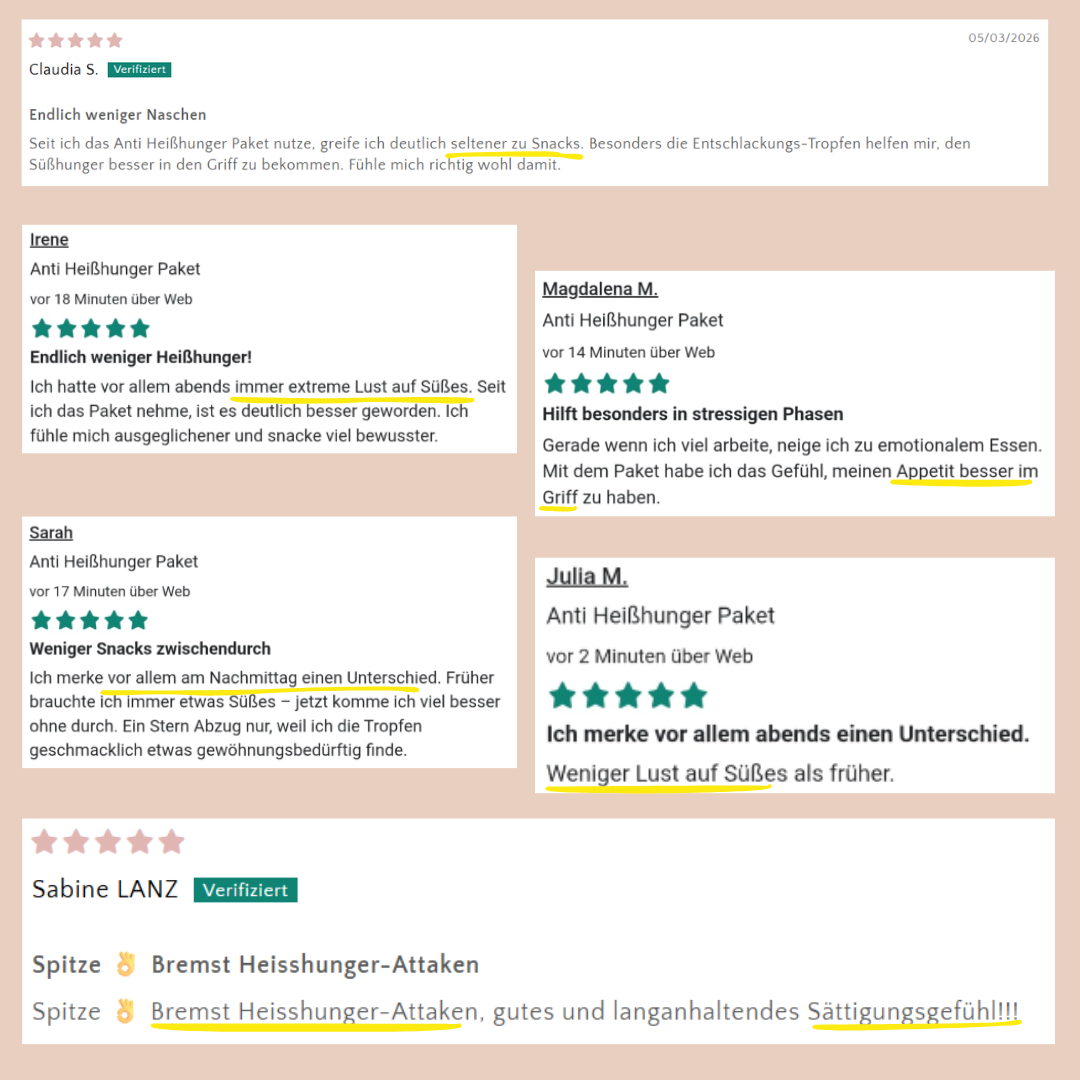 Schriftliche positive Rückmeldungen zum Anti Heißhunger Paket von Carish. 