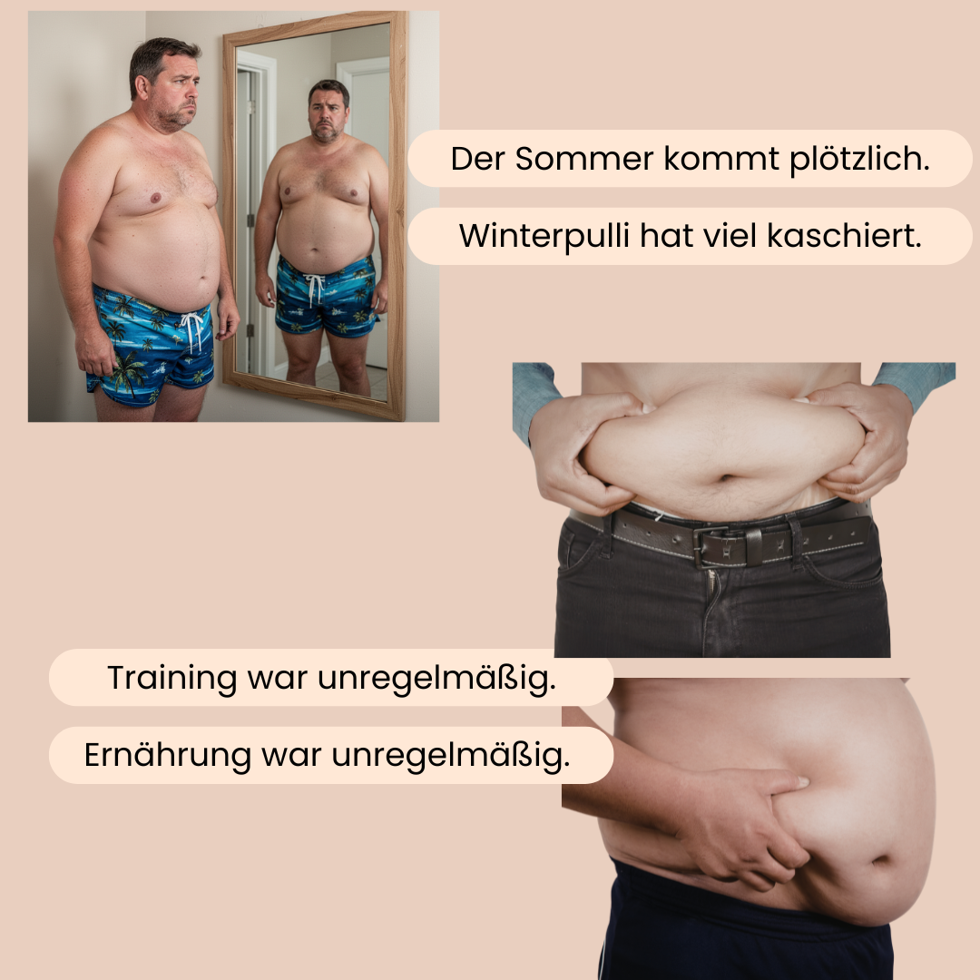 Männer, die frustriert vom Spiegel stehen, da sie einen großen Bauch haben und dick sind. 