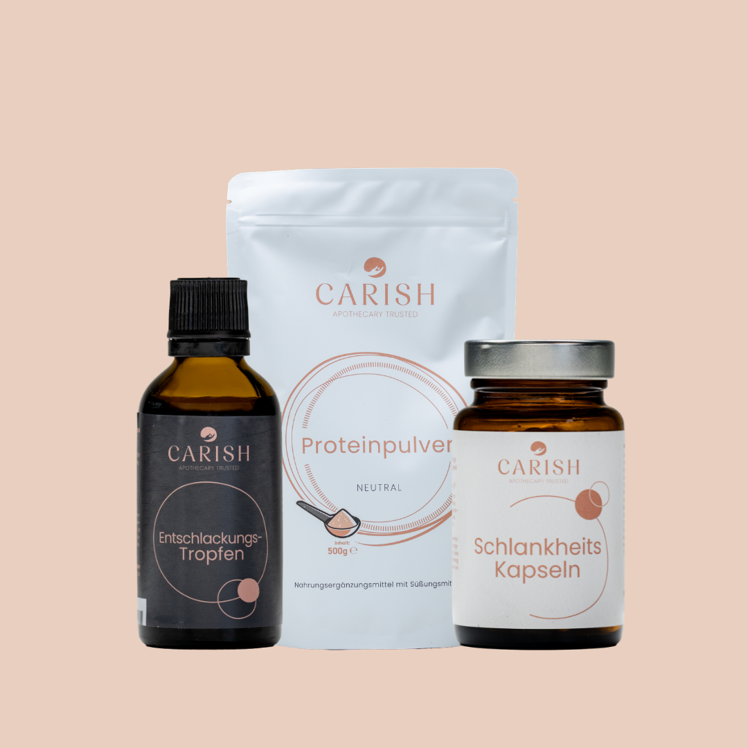 Im Bild die drei Produkte des Badehosenpakets für Männer zum Abnehmen. Ganz links die Entschlackungstropfen, in der Mitte das Kreatin Pulver und rechts die Schlankheitskapseln. 