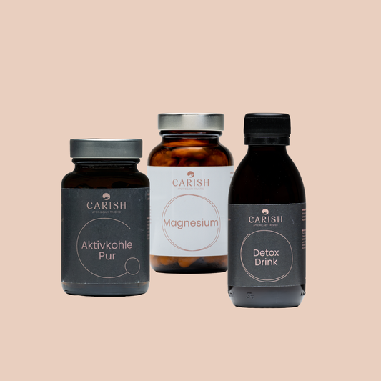 Das Paket Bauchwohl von Carish gegen Blähungen mit Aktivkohle und Magnesium Kapseln und dem Detox Drink. 