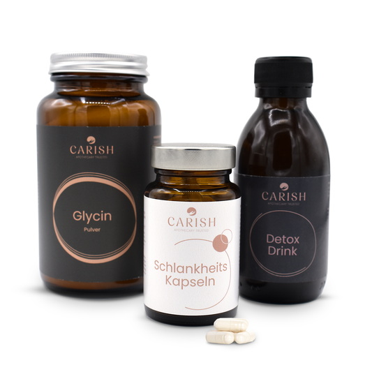 Das Bikinipaket von Carish mit 3 Produkten. Ganz links das Glycin Pulver, in der Mitte die Schlankheitskapseln mit 3 weißen Kapseln zur Ansicht und rechts der Detox Drink. 