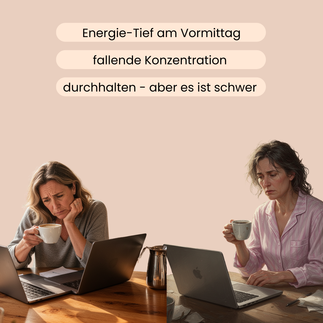 Frauen, die am Laptop sitzen, Kaffee trinken und total müde sind. 