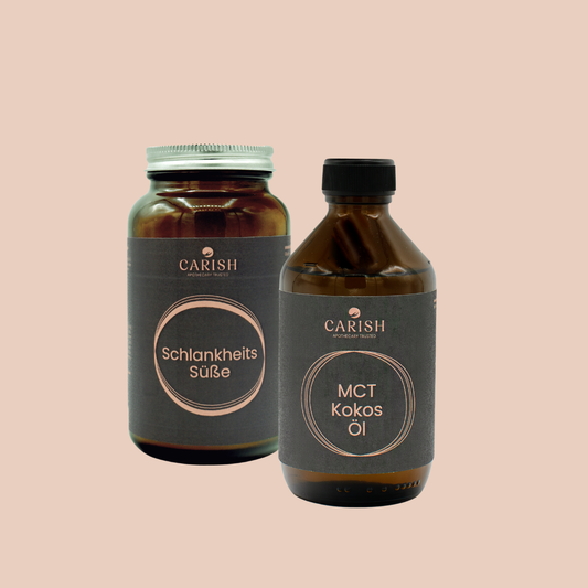 Die 2 Produkte des Bulletproof Paketes. Links das Glycin Pulver / Schlankheitssüße und rechts das MCT Kokosöl. Beides in einer dunkelbraunen Glasverpackung. 