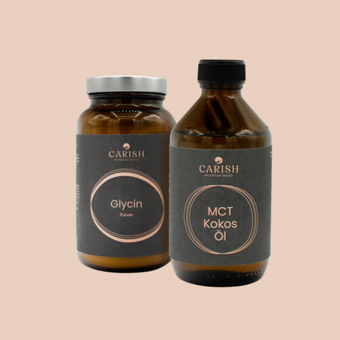 Die 2 Produkte des Bulletproof Paketes. Links das Glycin Pulver und rechts das MCT Kokosöl. Beides in einer dunkelbraunen Glasverpackung. 