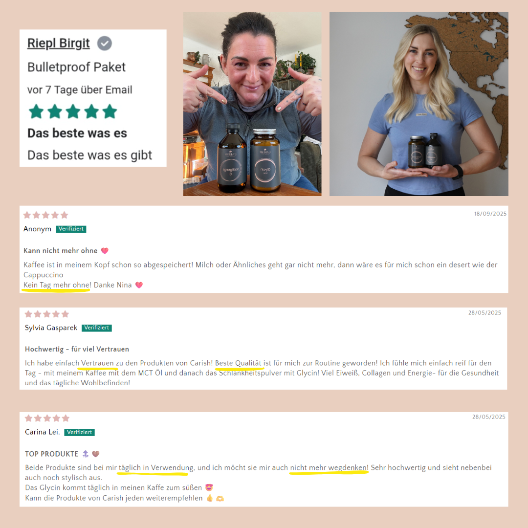 Zufriedene Kundinnen und schriftliche Rückmeldungen zum Bulletproof Paket. 