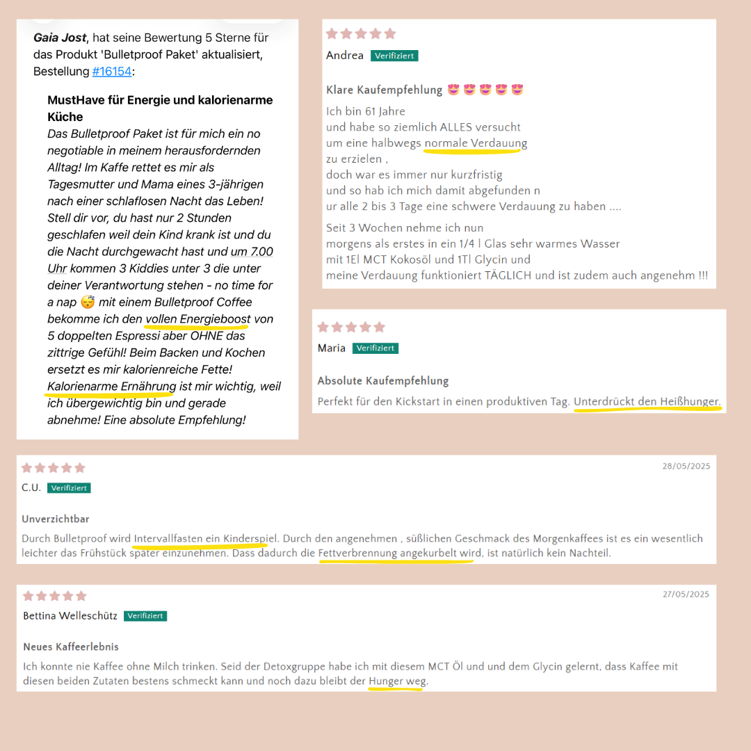 Schriftliches Feedback von zufriedenen Kunden zum Bulletproof. 