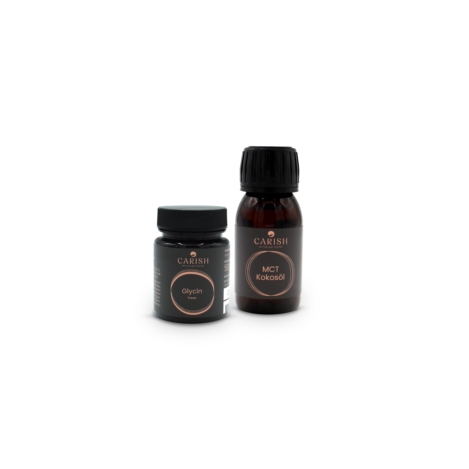 Das Glycin und das MCT Öl in dunkelbraunen Verpackungen in Reisegröße zum Mitnehmen. 